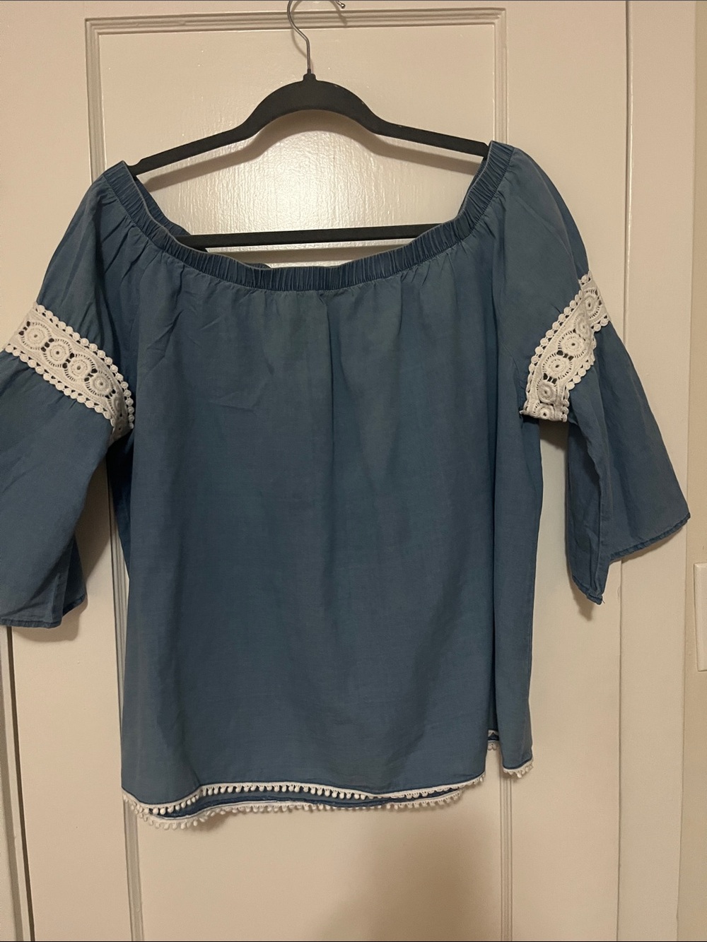 Light Blue Off-Shoulder Peasant Blouse with White Crochet Trim